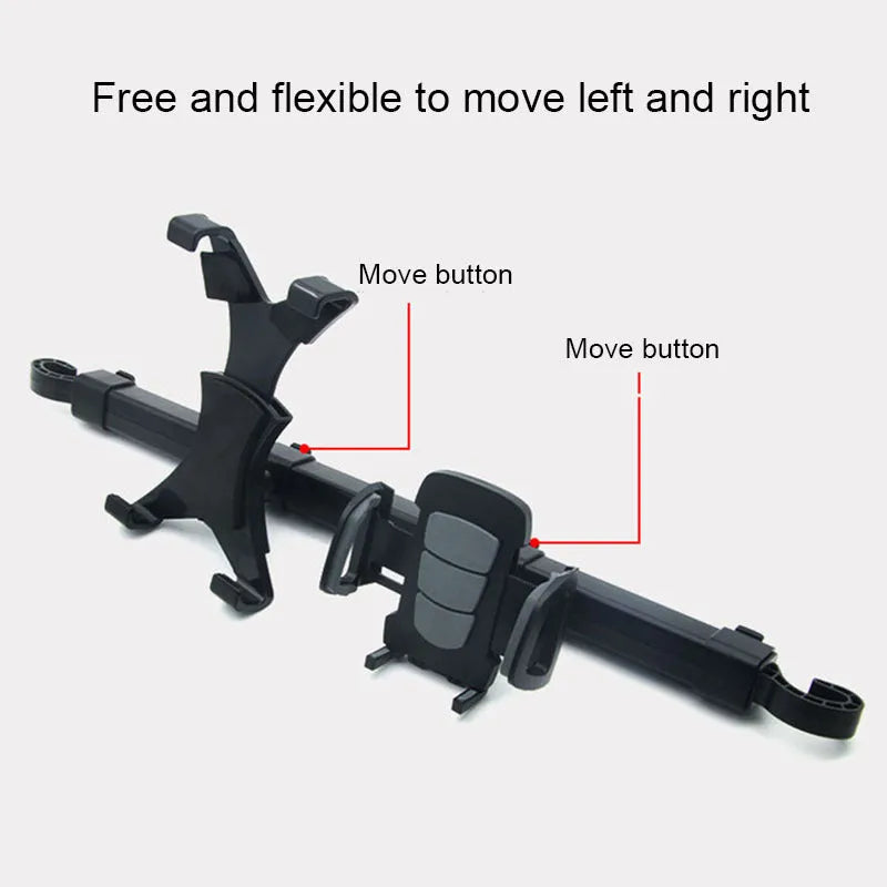 Black universal tablet PC car back seat bracket holding a tablet, with 360-degree rotation feature visible