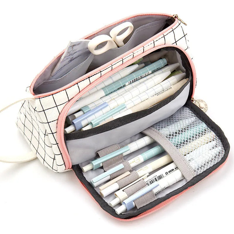 Canvas plaid pencil case with striped Korean style square shape