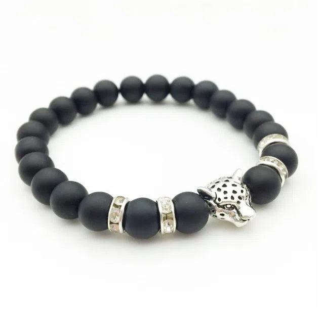 8mm natural stone and lava stone bead bracelet with leopard head pendant for men, 18cm diameter, gold frosted black