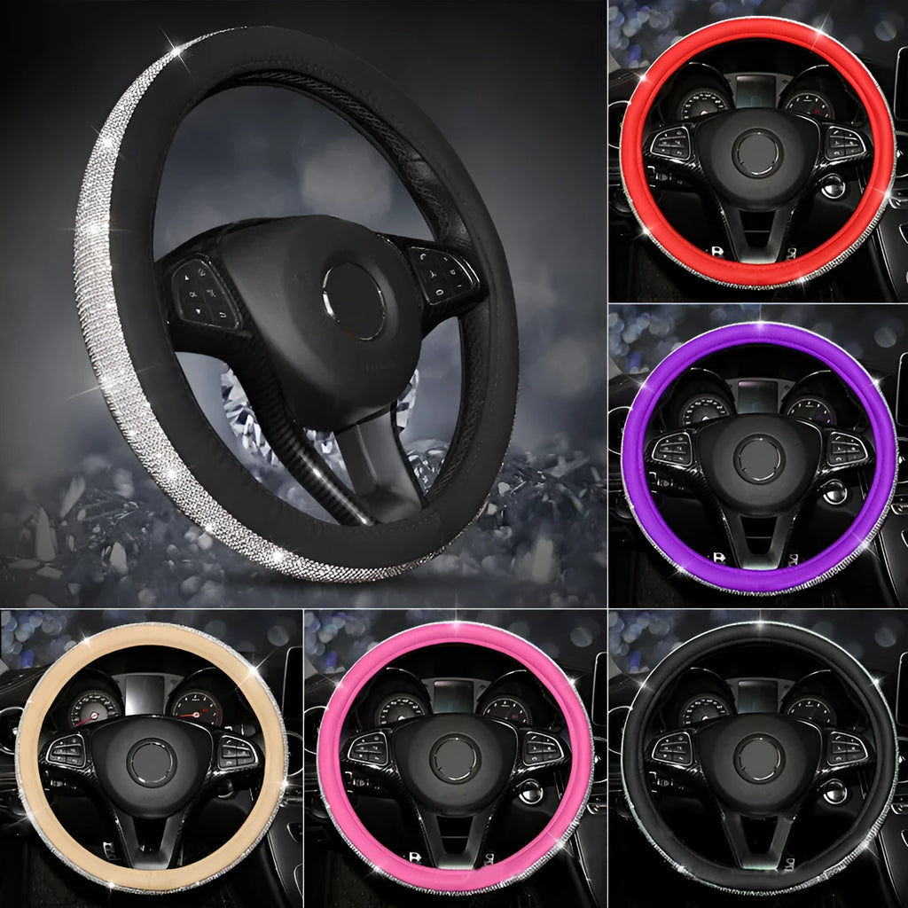 Rhinestone non-slip leather steering wheel cover for general motors 38cm diameter black with gold ring option