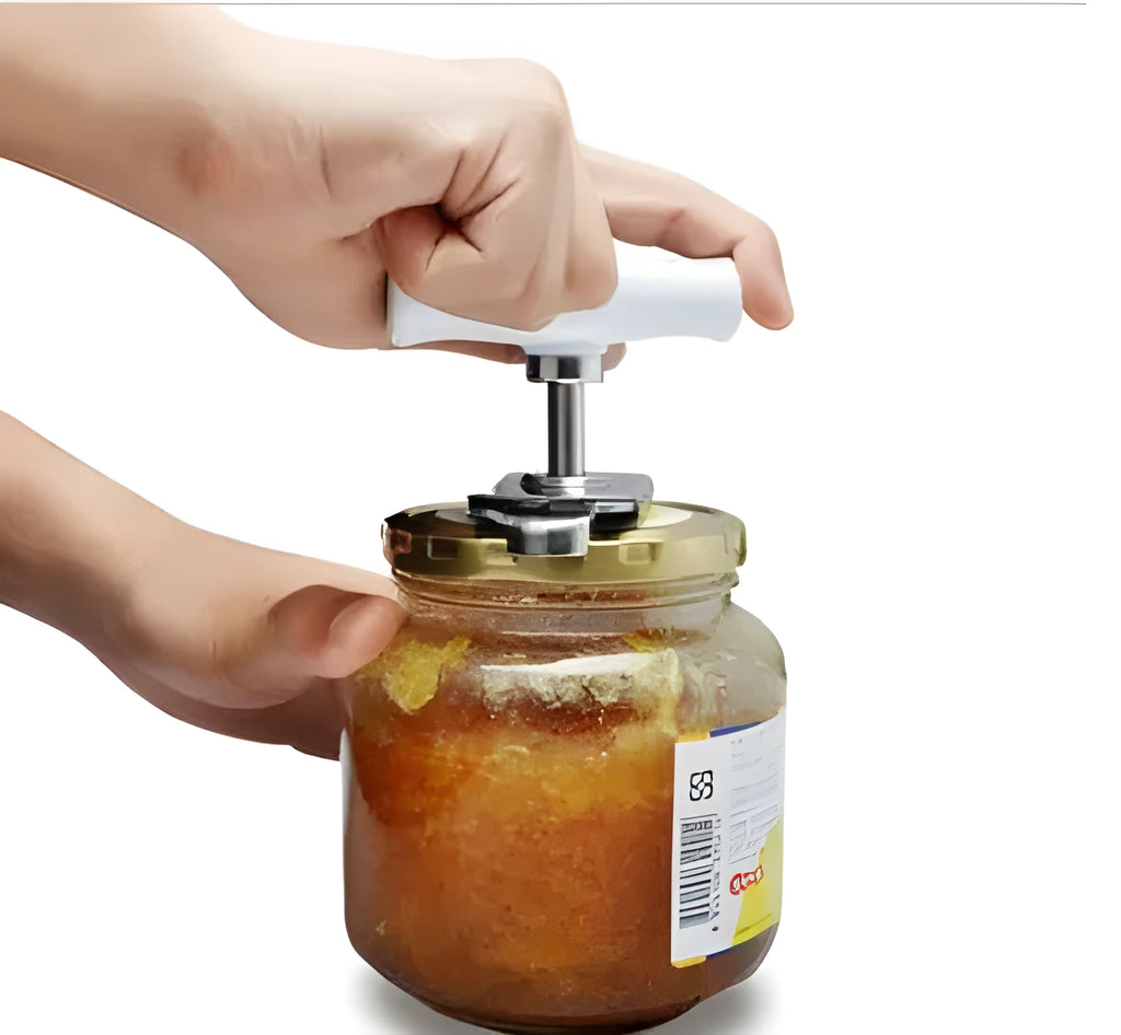 White stainless steel adjustable bottle cap opener with PP handle showing gear mechanism