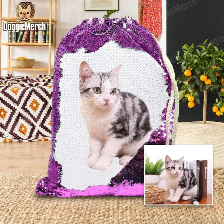 Personalised purple sequin backpack with custom pet photo and name, drawstring opening