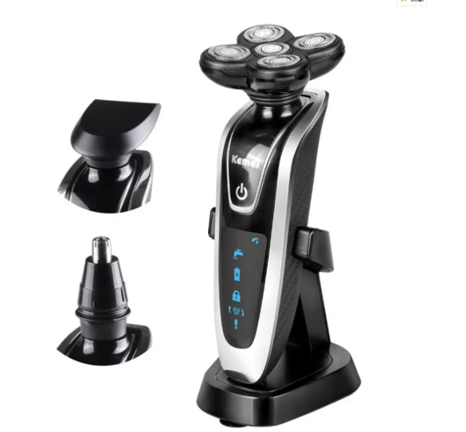 Smart rechargeable razor with ABS body, charging base, and interchangeable cutter heads in EU format