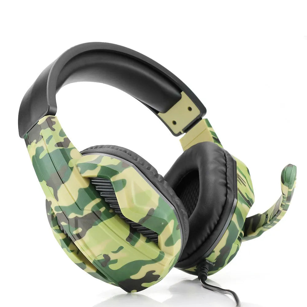 Army green camouflage wired gaming headset with microphone and over-ear design