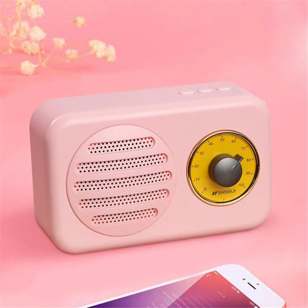 Portable Bluetooth speaker with FM radio in vintage green, pink or wood colour finish
