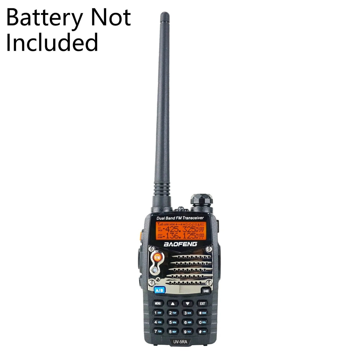 Baofeng UV-5RA dual band dual frequency two-way radio with black casing and dual display screen