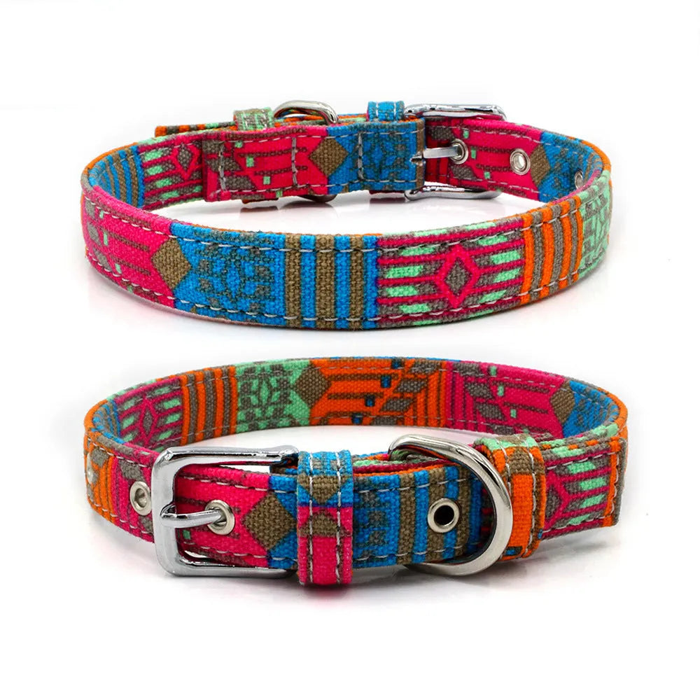 Double layer reflective canvas dog collar with metal D-ring, available in multiple sizes and colours