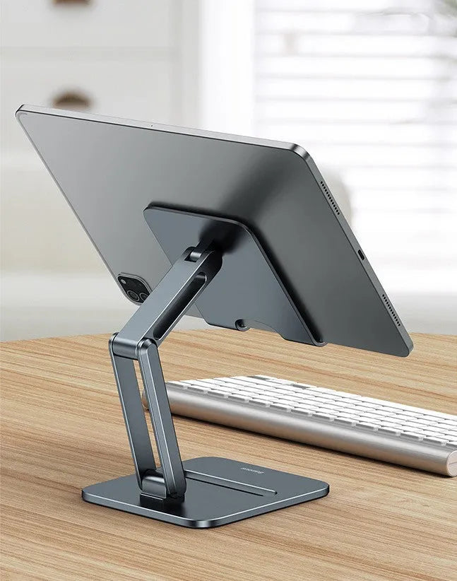 Deep space grey aluminium folding stand holding a tablet at an angle.