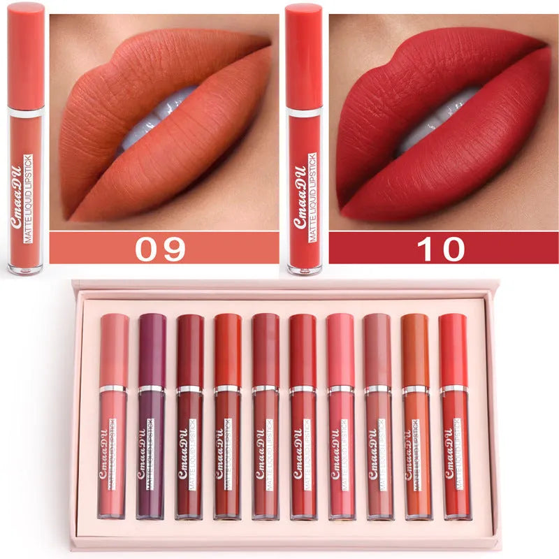 10-pack women's matte lipstick set in waterproof non-stick formula with packaging showing dimensions