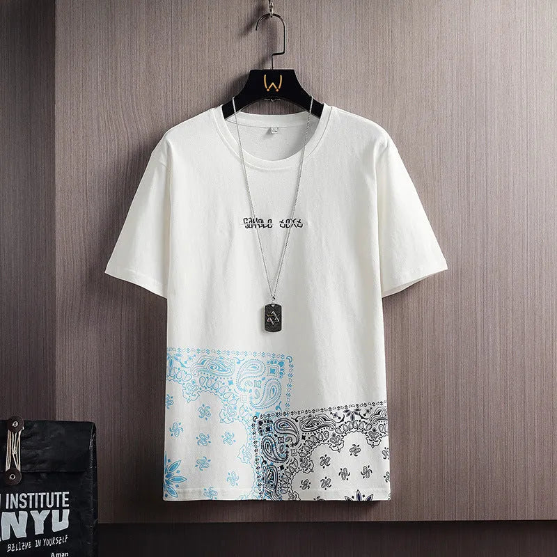 Men's loose fit short-sleeve round neck T-shirt with geometric print in black colour option