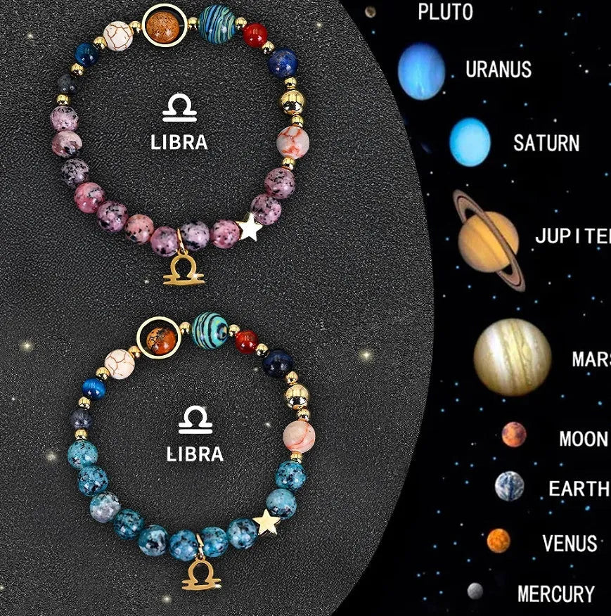 Two natural stone beaded bracelets with zodiac charms on a table.