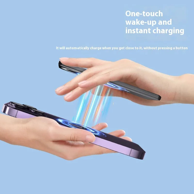 Ultra-thin 9mm magnetic power bank in dark grey, silver, black, or violet with alloy shell.