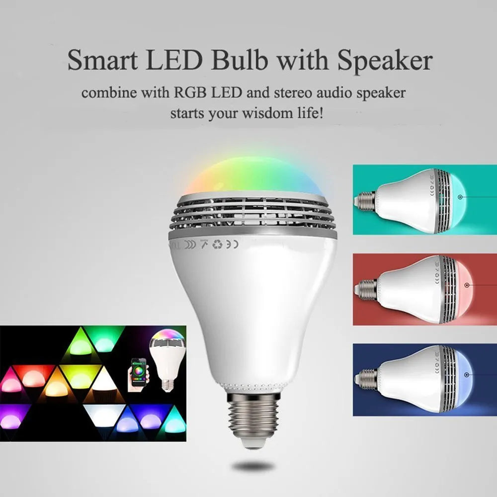 E27 LED smart bulb with Bluetooth speaker functionality showing dimensions and RGB lighting