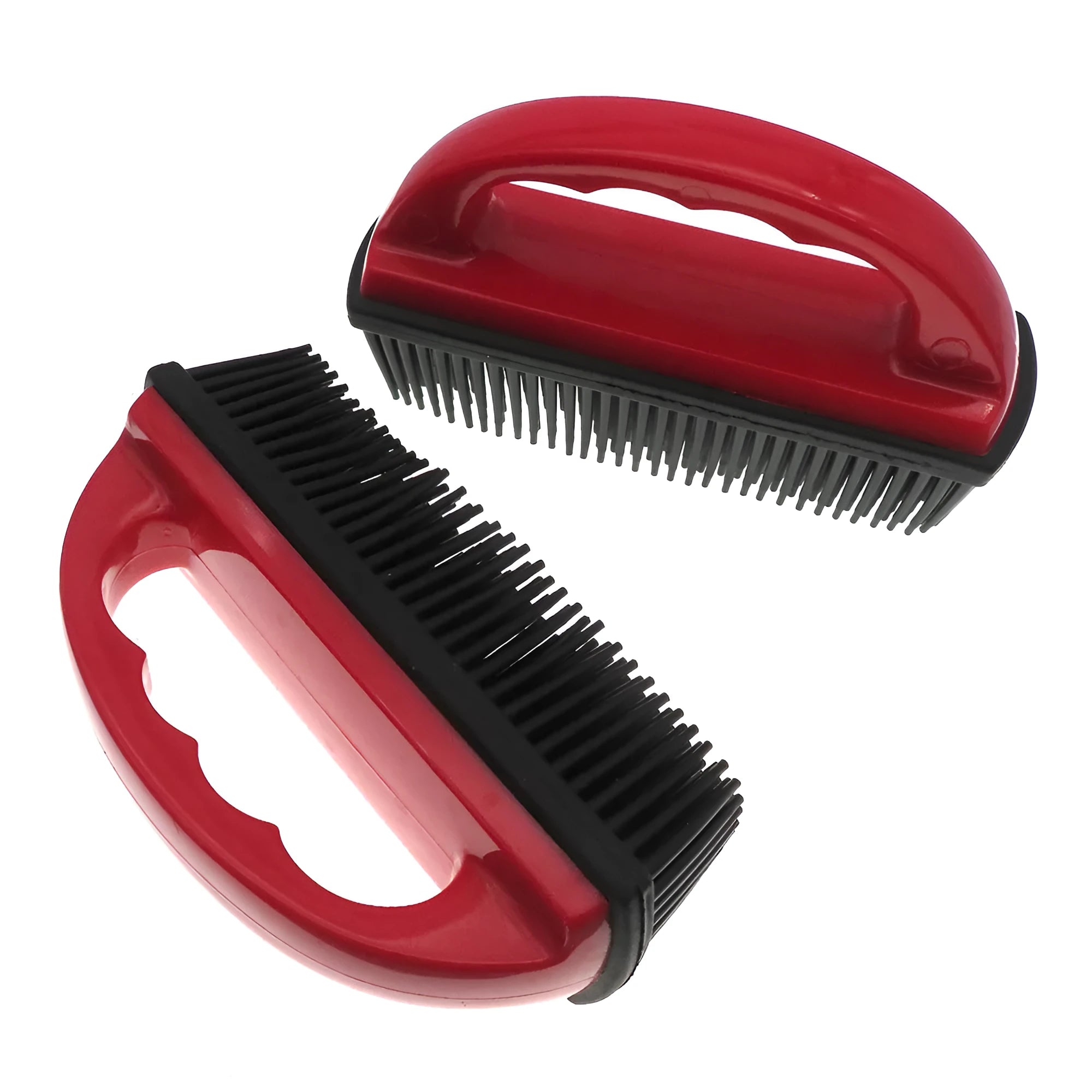 Red handheld pet hair removal brush measuring 160mm by 85mm for dog cat grooming and carpet cleaning