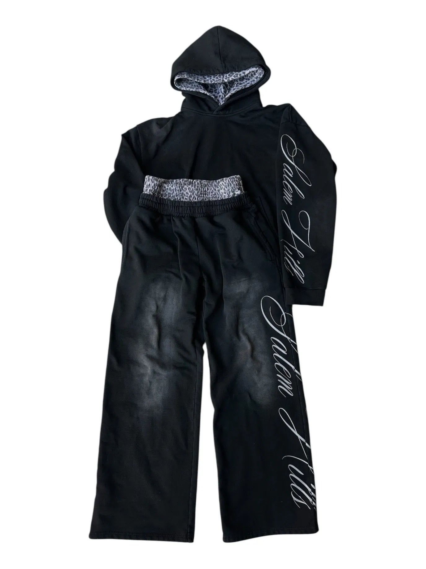 Men's black and white punk print fleece-lined hoodie and joggers loose fit tracksuit set.