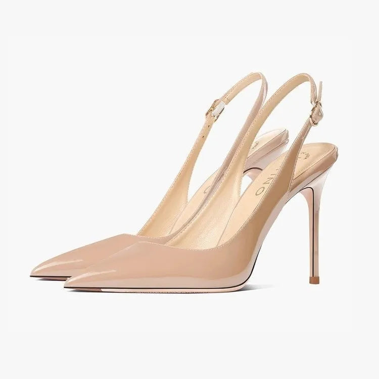 Women's nude soft PU leather ankle-strap high heels with hollow design detail