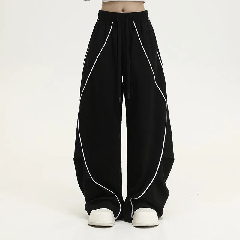 Black striped wide-leg sports trousers with pleated mid waist for hip hop dance