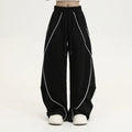 Black striped wide-leg sports trousers with pleated mid waist for hip hop dance