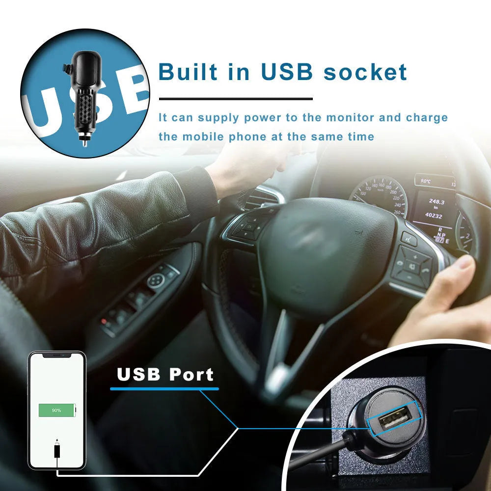 Black 4.3 inch folding screen car baby monitor with cigarette lighter power cord and infrared camera