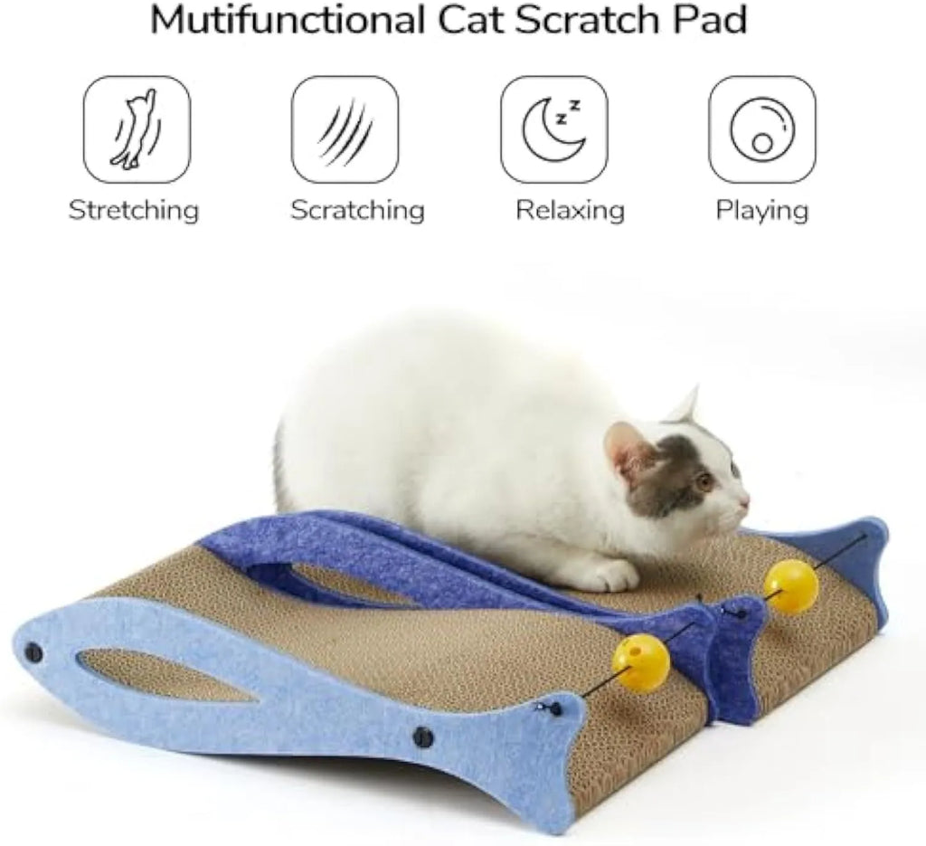 Blue fish-shaped cat scratcher with ball toy on elastic cord and wavy lounge area