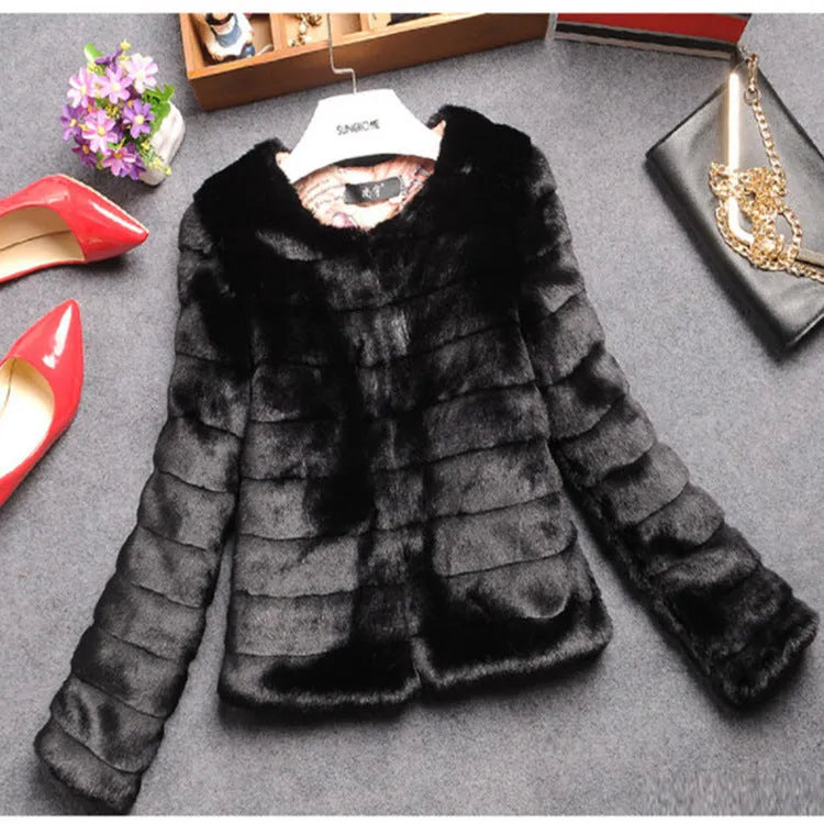 Woman wearing a short white faux fur top with regular sleeves, style suitable for street fashion.