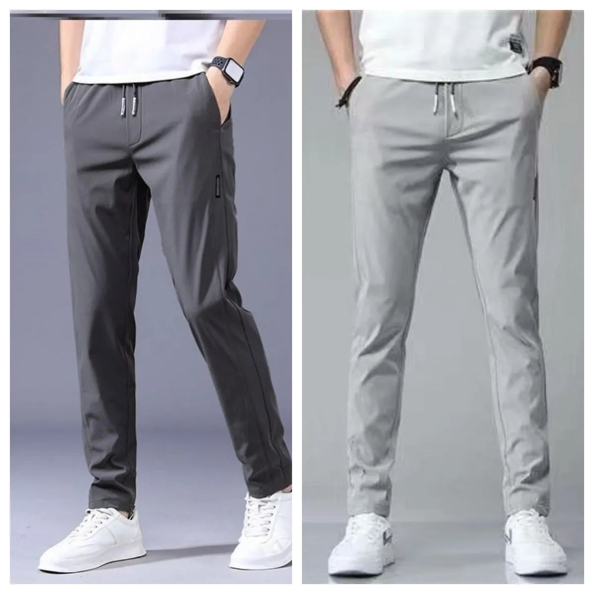 Men's drawstring trousers Korean version loose straight leg sweatpants in khaki colour on model