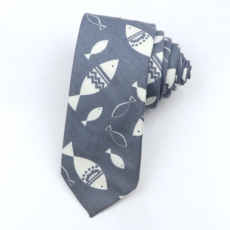 Narrow Korean style cotton bow tie with a printed cartoon pattern in various colours.