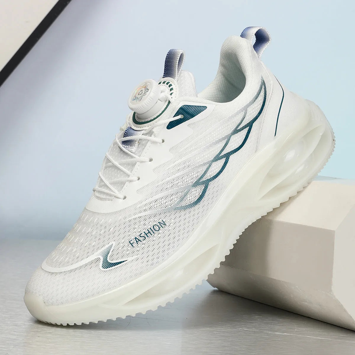 Casual neutral running shoes in sky blue with mesh upper, rubber sole, and lace-up front.