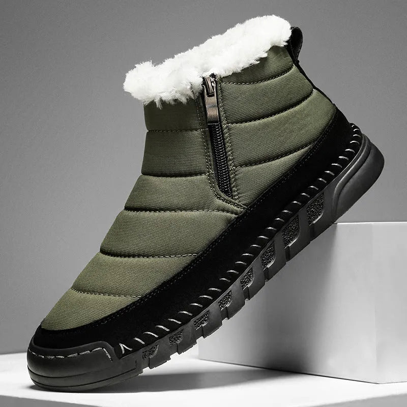Men's plus size snow boots in black with round toe design and non-slip rubber sole