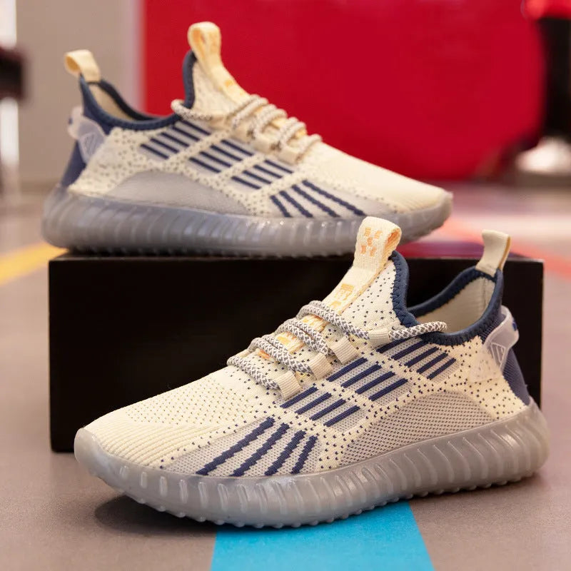 Men's white low-top platform sports shoes made from breathable flying fabric with a round toe and mesh lining.