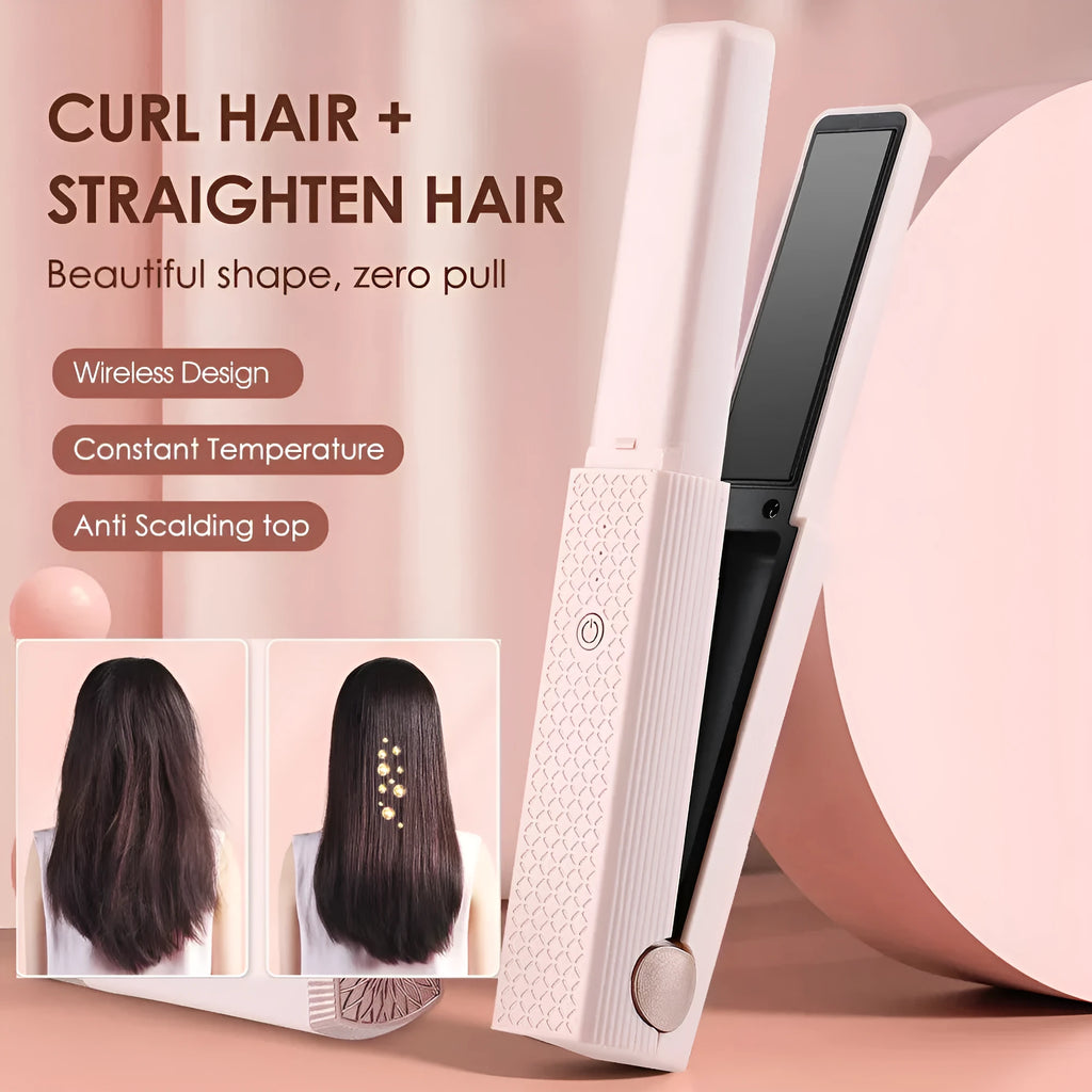 Pink and green mini cordless USB hair straightener with ceramic plates open on a white background.