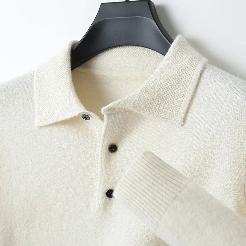 Men's grey wool pullover sweater with a polo collar and long sleeves on a hanger.