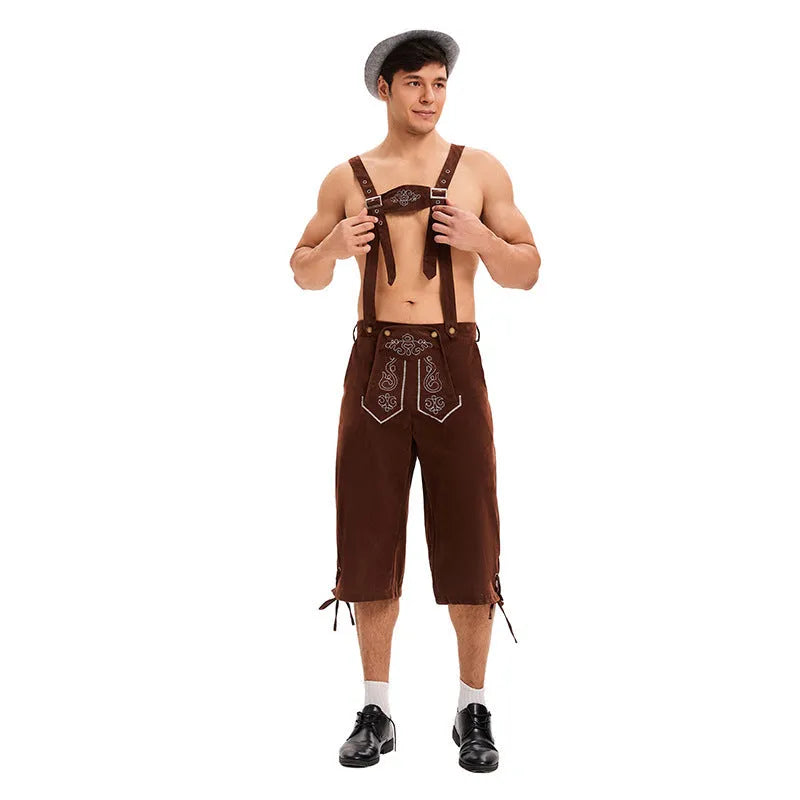 Polyester suspenders beer pants in black, brown, and khaki colours for stage wear