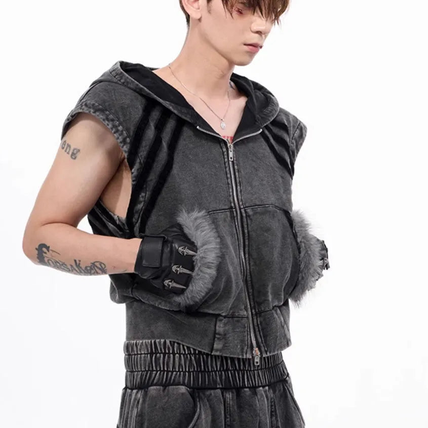 Korean style hooded sleeveless tank top and matching trousers set in washed fabric