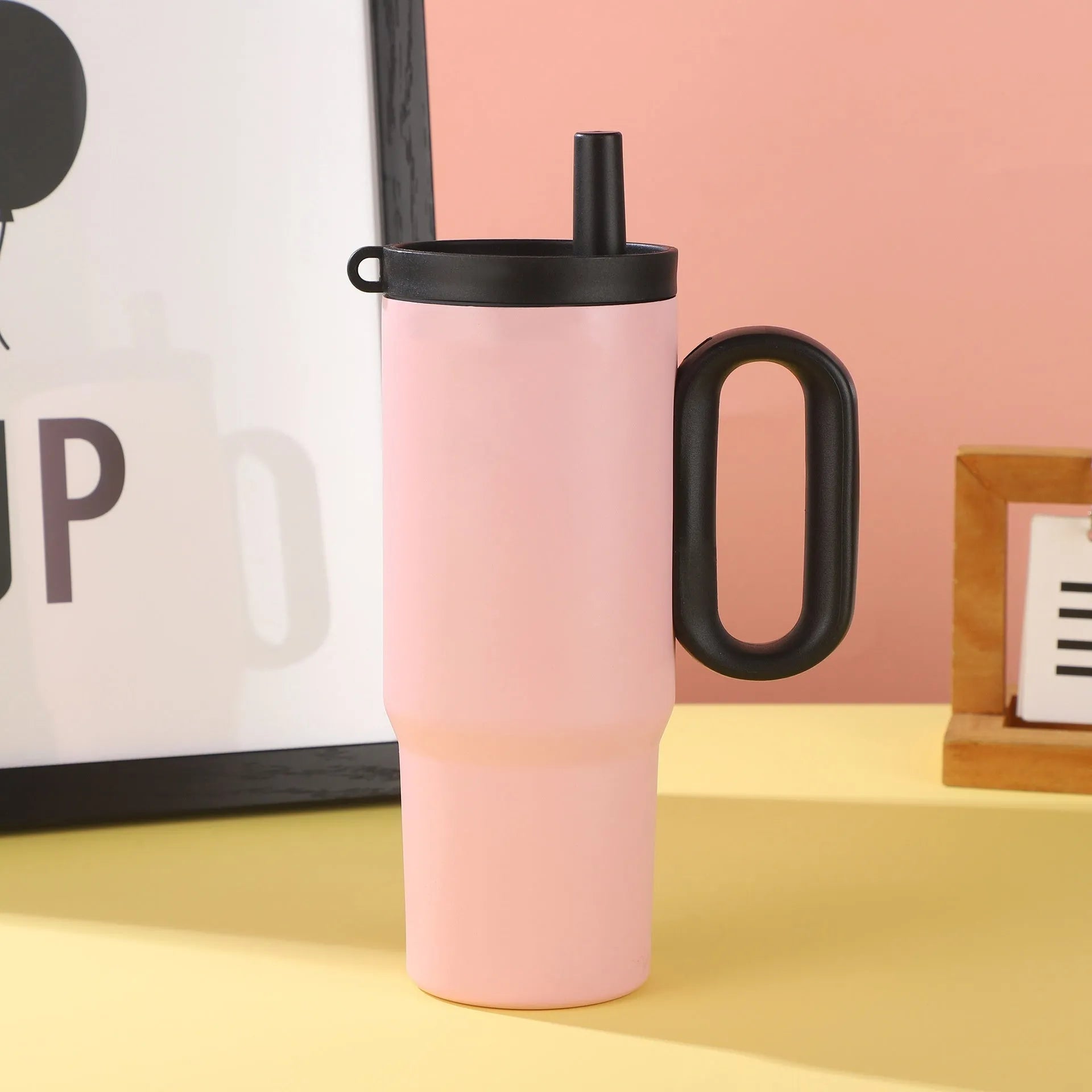 Large capacity portable insulated straw cup with handle in multiple colour options