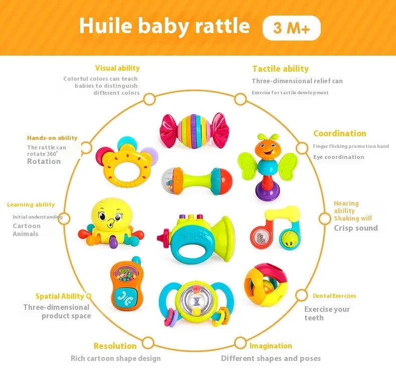 Ten baby rattles in various multicolour styles arranged on a white background, showing different colours and shapes for infant grasping