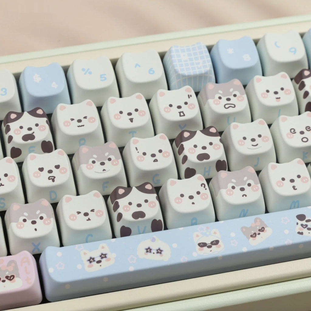 Full set of PBT keycaps for mechanical keyboards with colourful sublimation printed cat and puppy designs