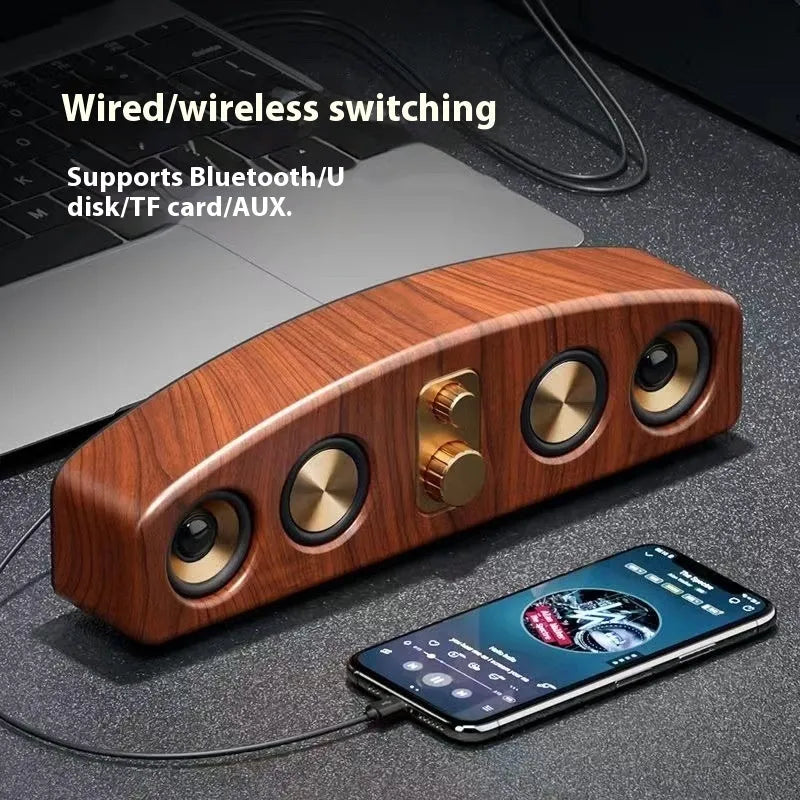 Retro portable Bluetooth speaker with wood grain water transfer print finish, 5W output, and USB power