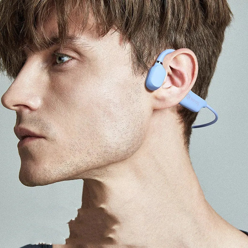 Bone conduction Bluetooth headset in retro green with hanging neck design and wireless sensor for sports running