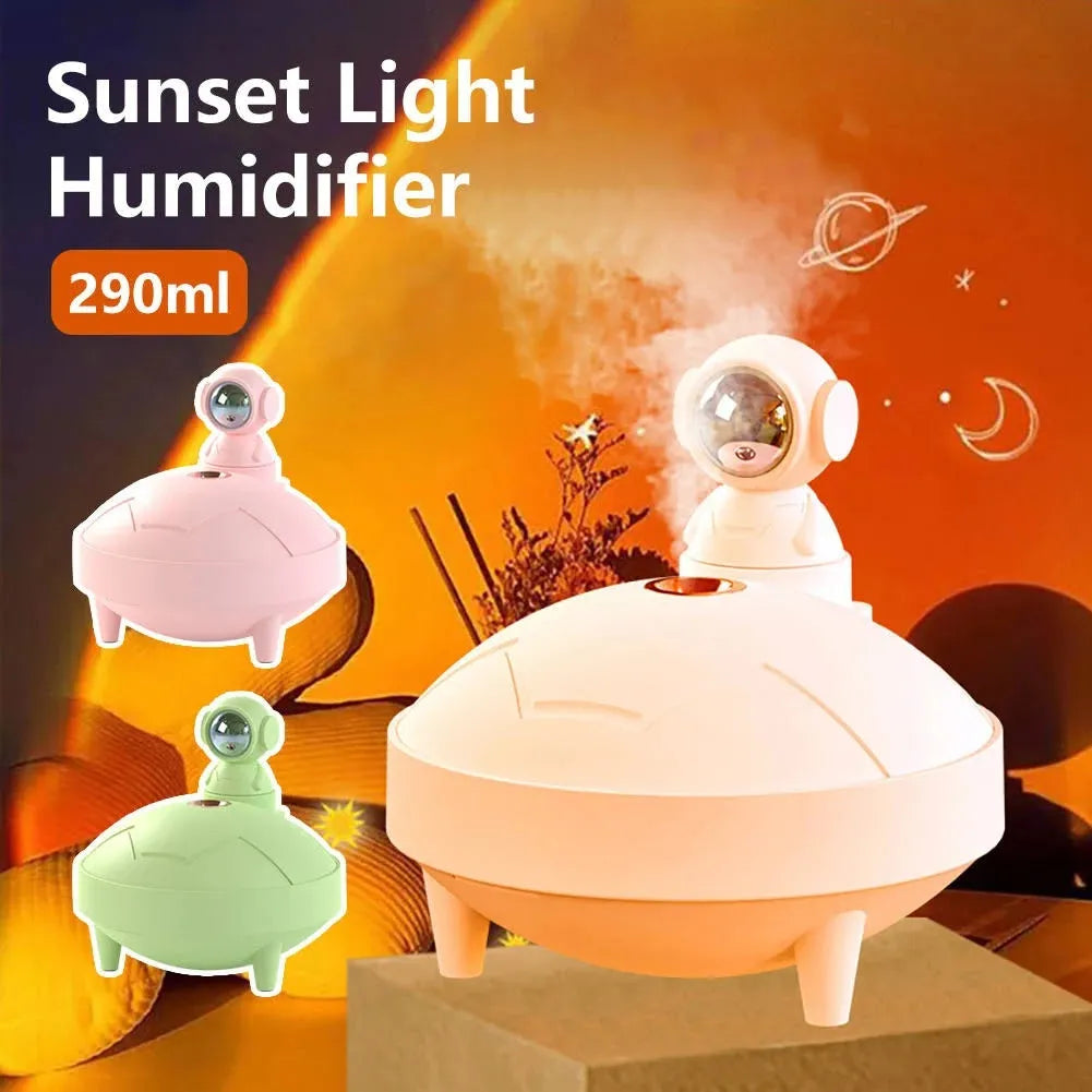 Astronaut sunset lamp humidifier with 360 degree rotating head in green colour, placed on a nightstand