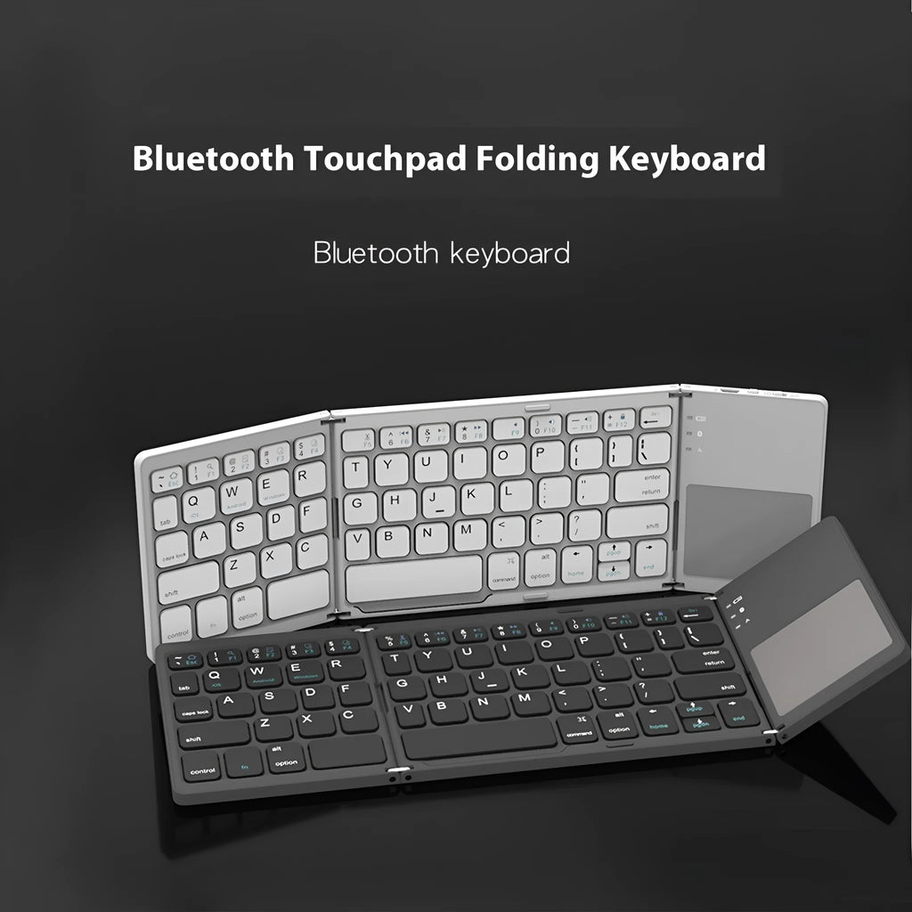 Black tri-fold Bluetooth keyboard shown folded and unfolded beside smartphone