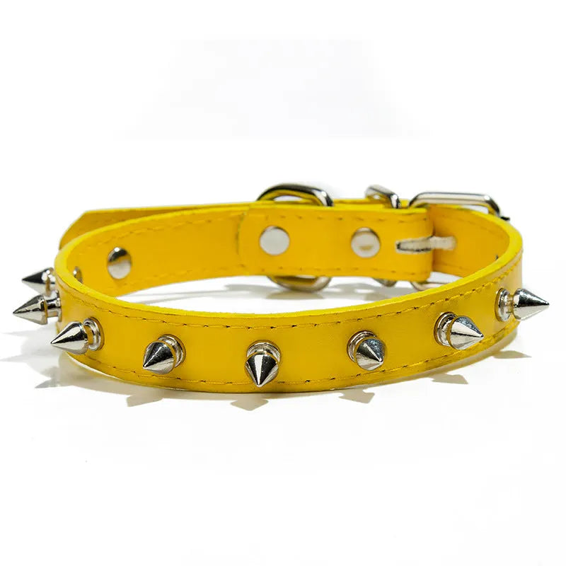 Studded dog collar in thickened PU leather with metal decoration showing alloy fastener and colour options