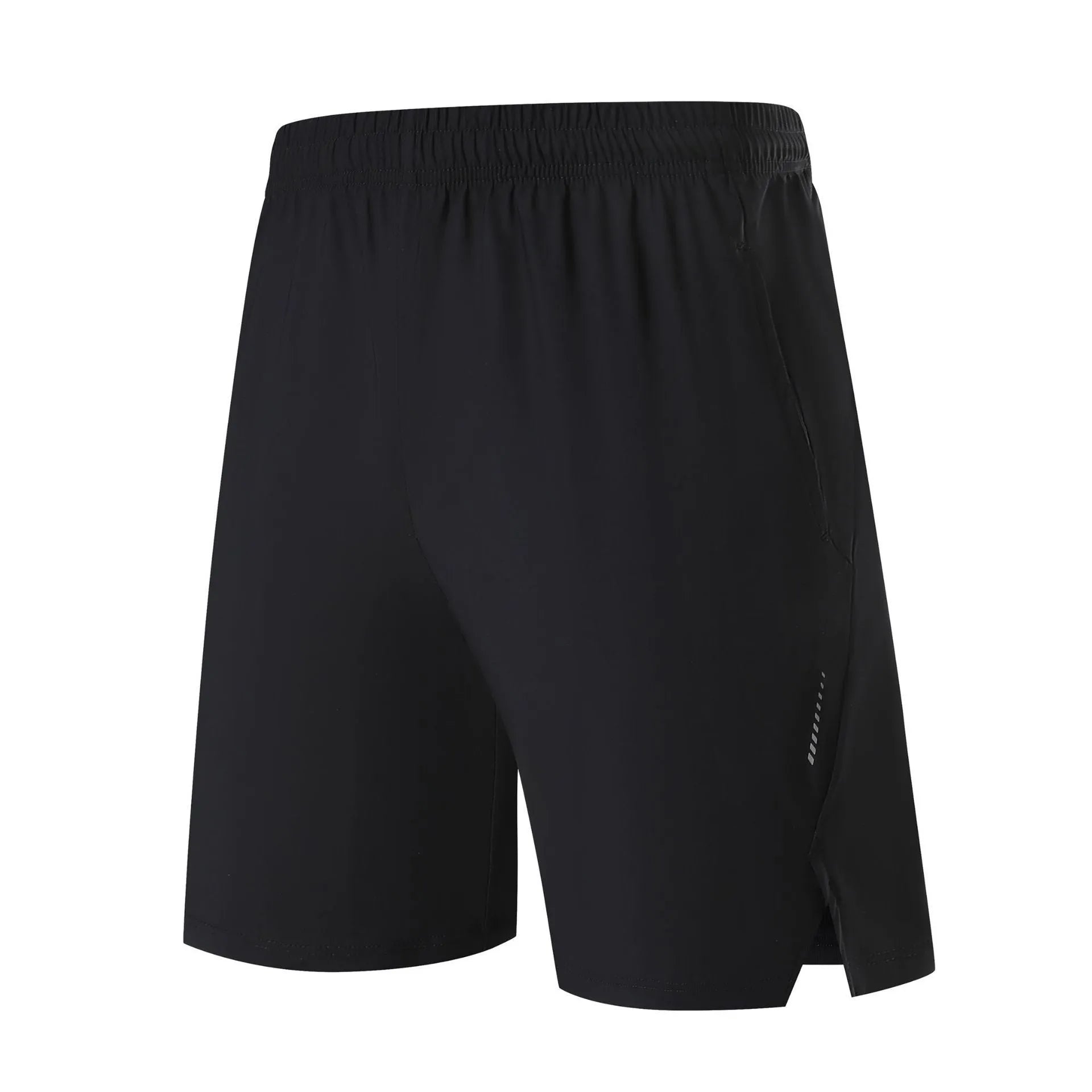 Man wearing grey ice silk nylon sports shorts with a mid-rise waistband.