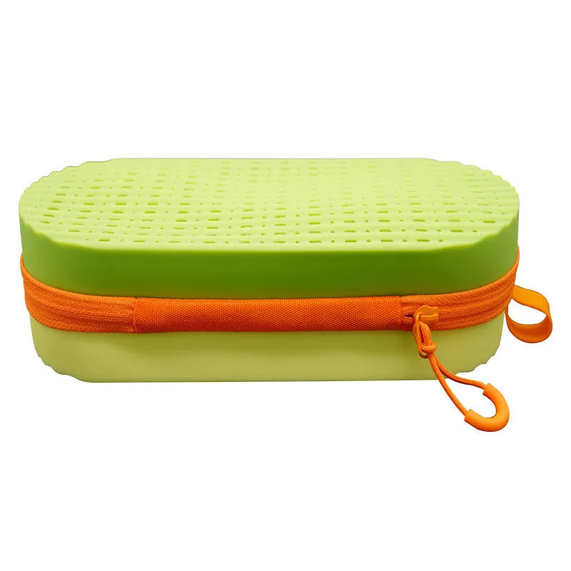 Silicone glasses case in multiple colours showing long hand shape and size scale