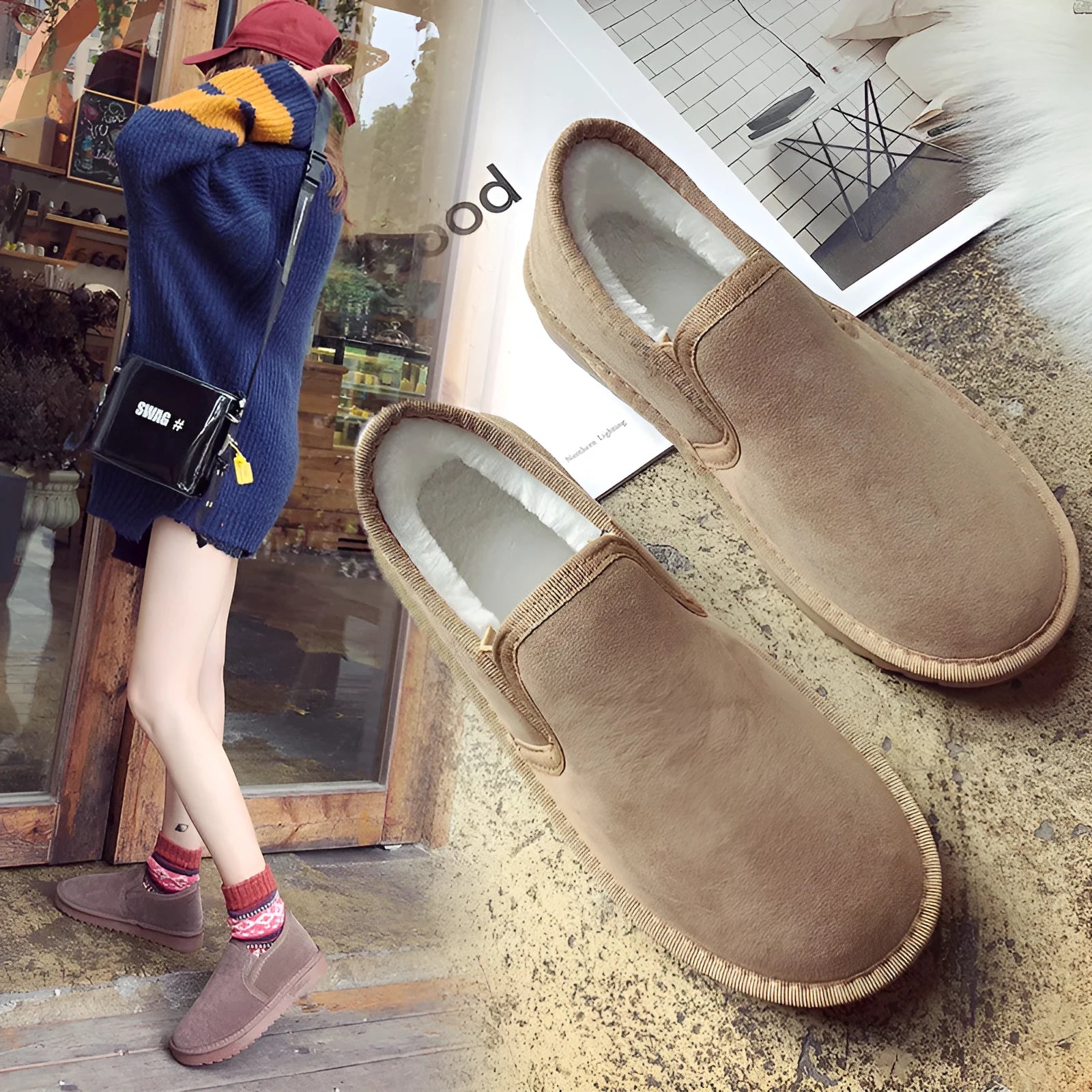 Fleece-lined flat heel snow boots in five colour options with round toe design