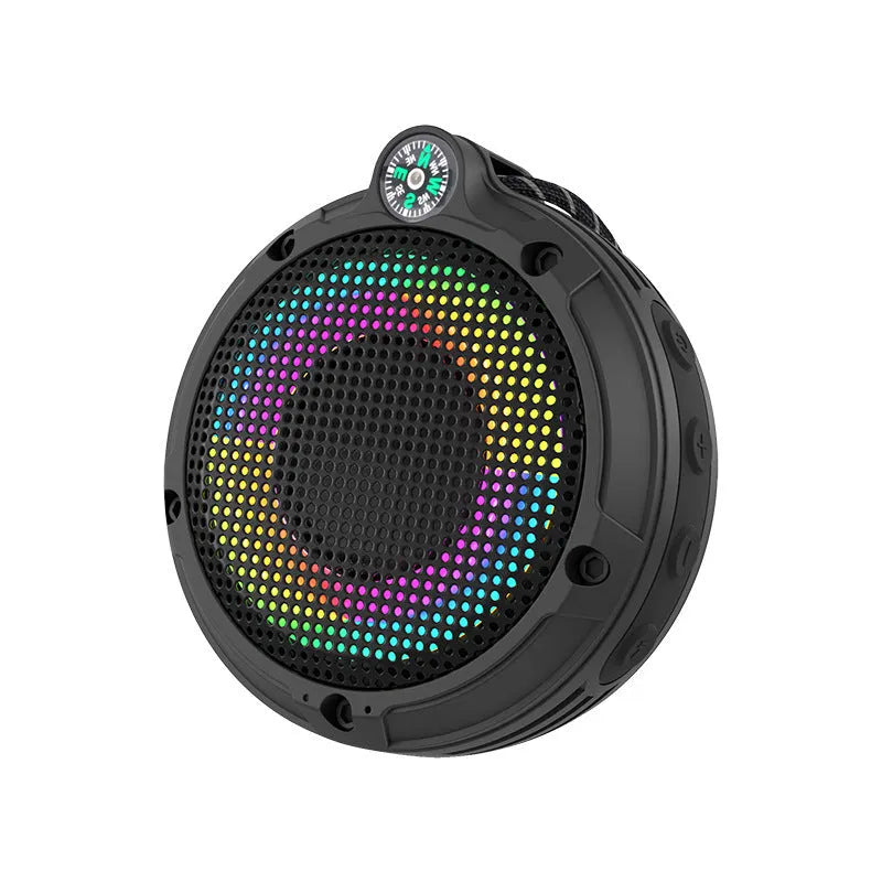 Compact black portable Bluetooth speaker with metal case and subwoofer, 99x104x41mm