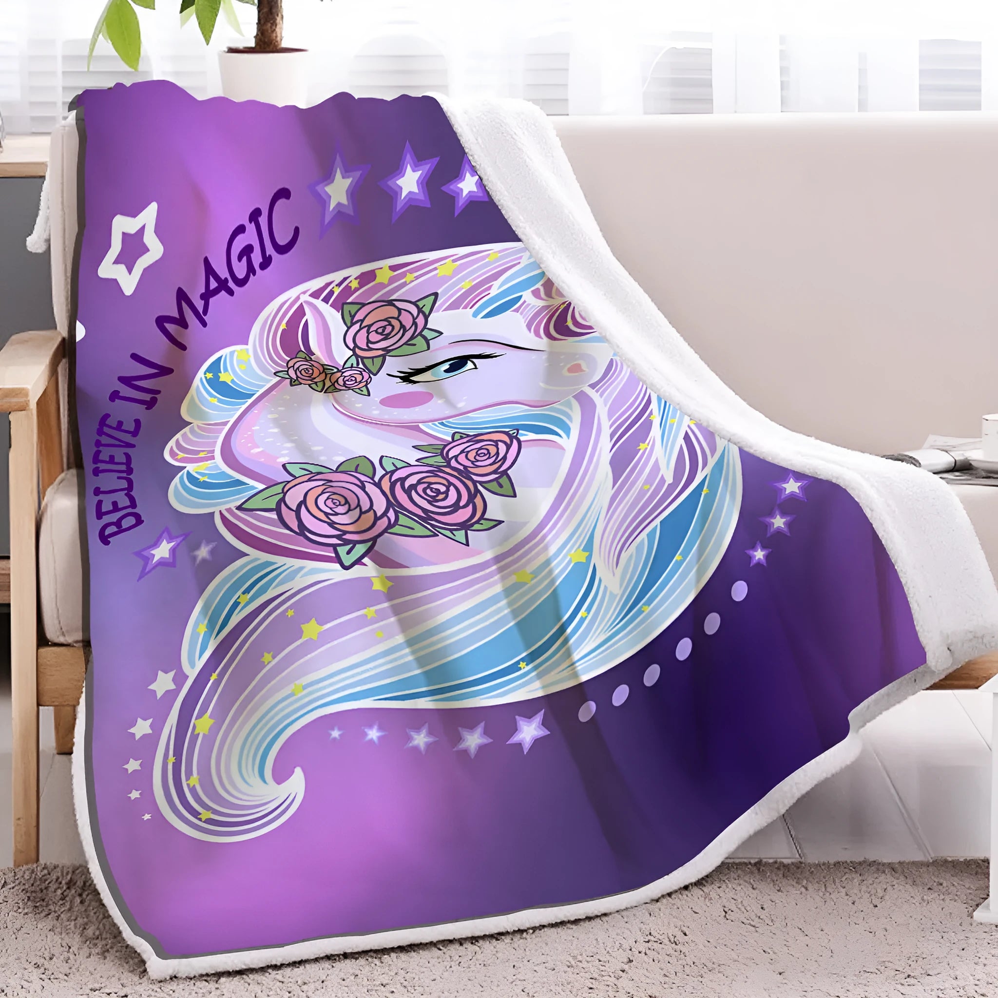 Purple unicorn themed lamb wool Sherpa fleece throw blanket 130x150cm with hemmed edges on sofa