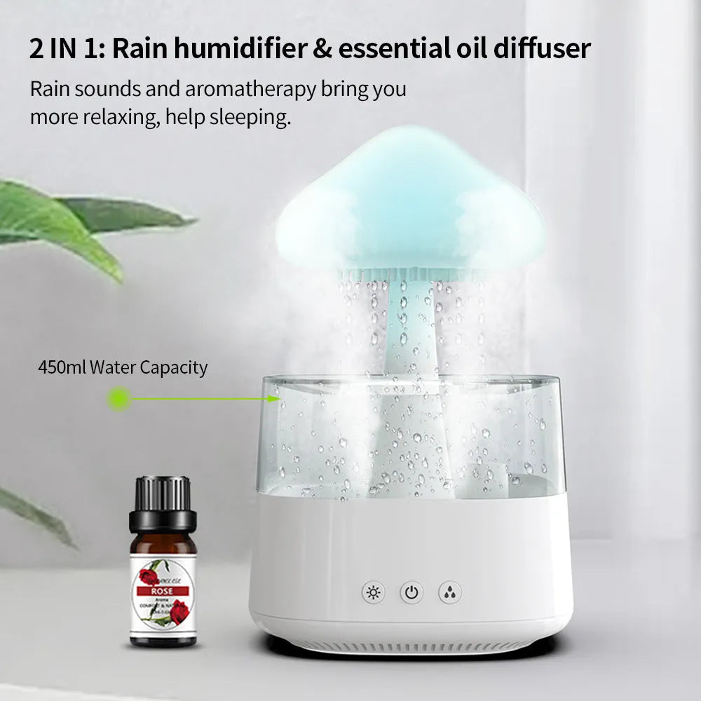 Desk humidifier with raining cloud night light effect and aromatherapy function in wood grain finish