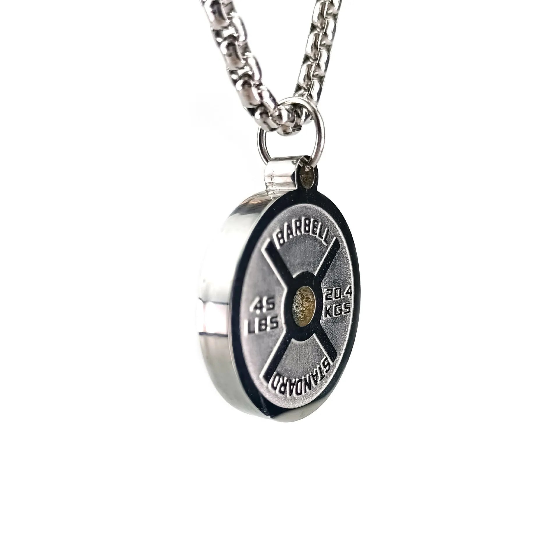 Polished stainless steel barbell disk pendant necklace on a choice of pearl, gold, or black 60cm chain.