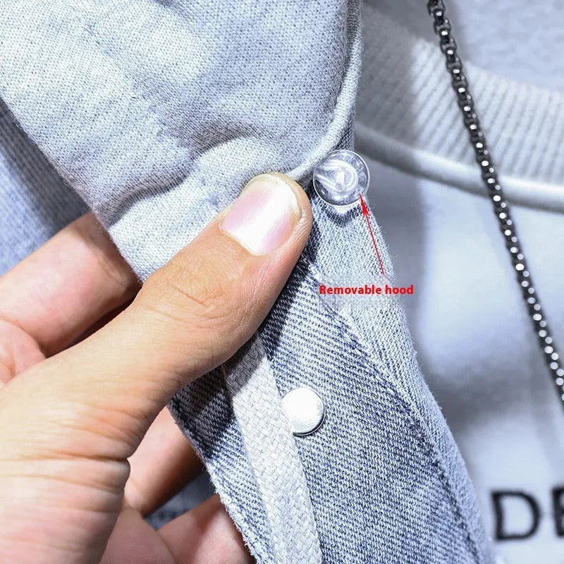 Men's light blue cotton denim jacket with detachable hood and side pockets
